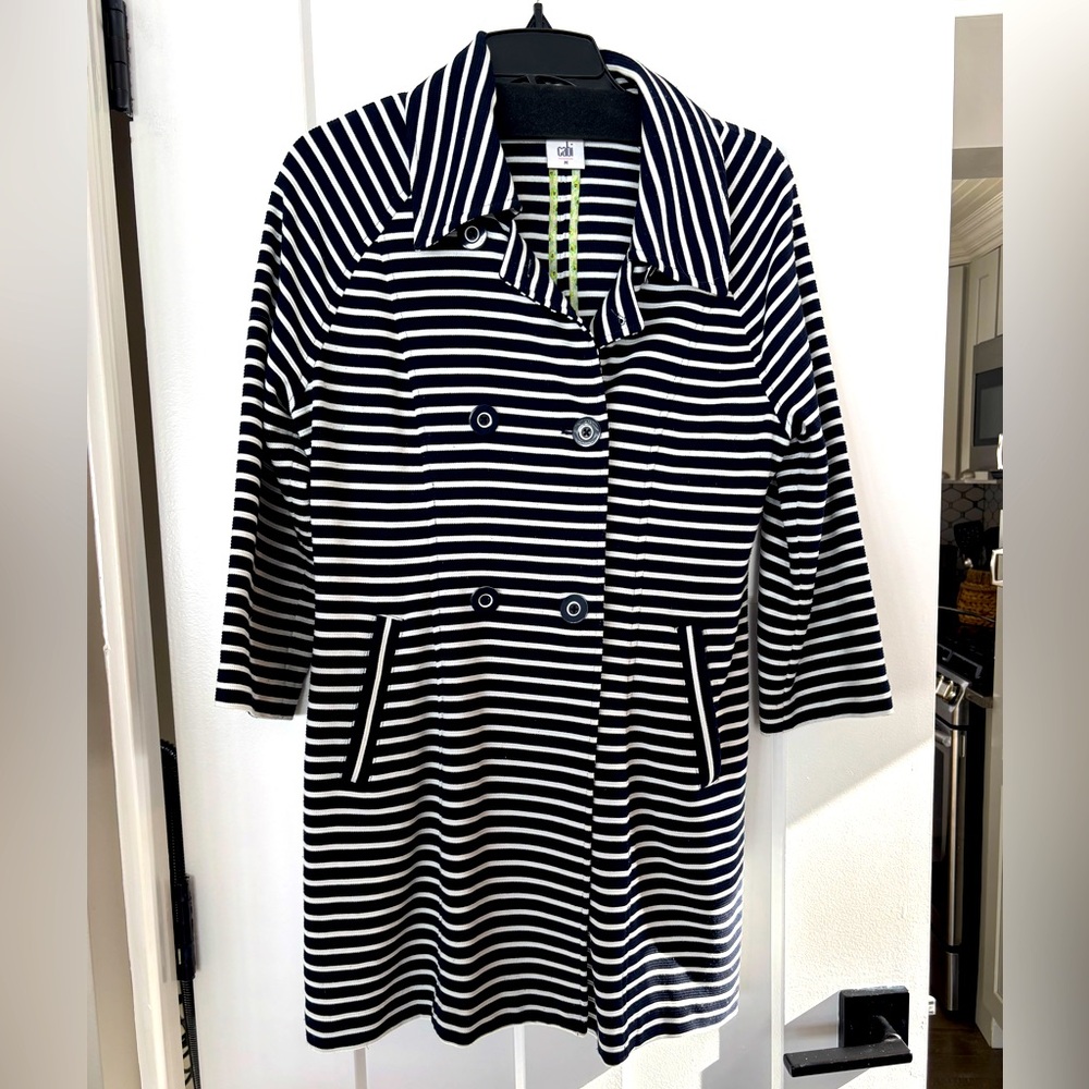 Cabi Black White Striped Double Breasted Coat Jacket 5151 Women's Medium Raglan